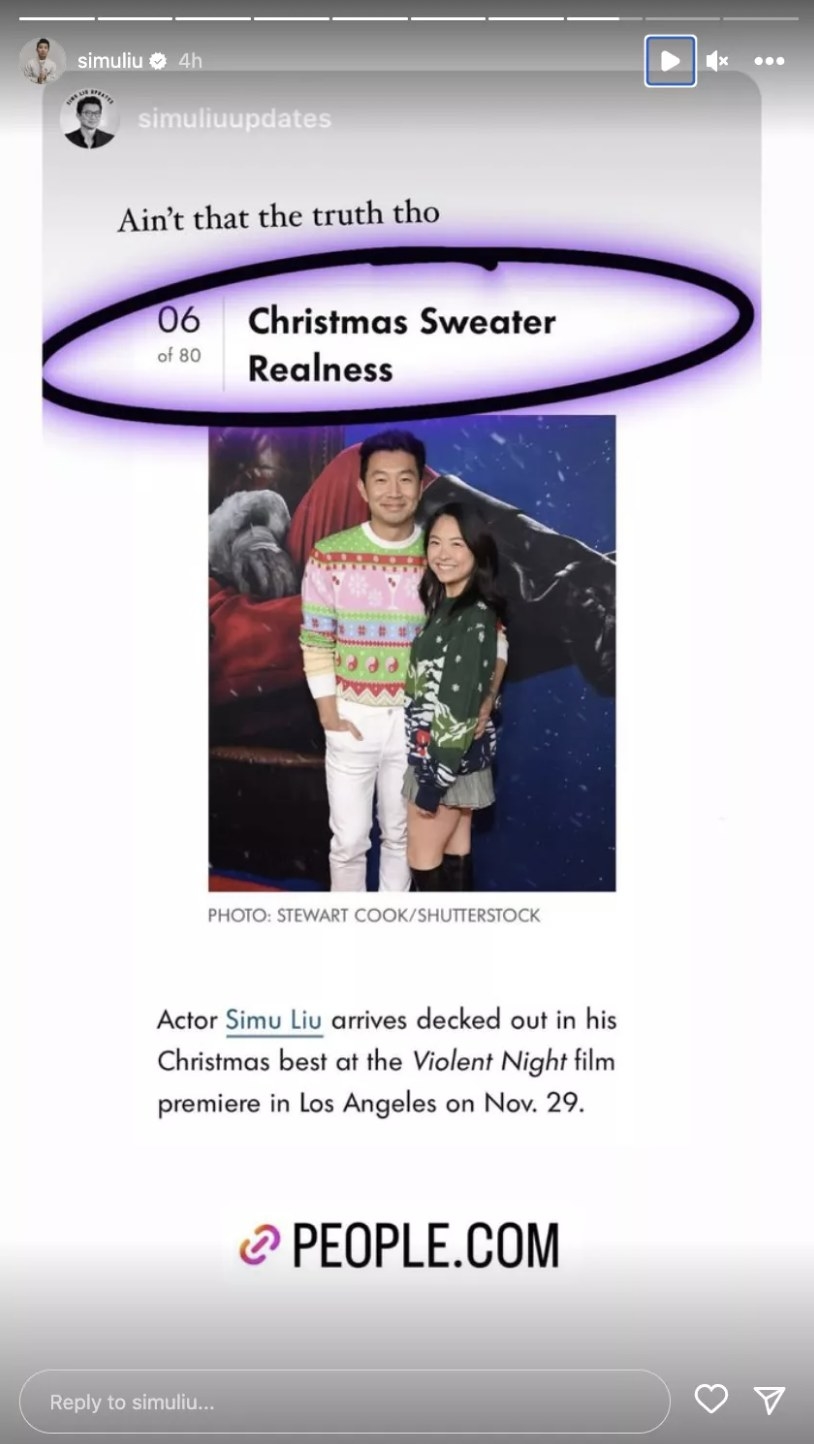 A screenshot of Simu&#x27;s Insta story that features an article with photo of the couple with the caption &quot;Christmas Sweater Realness&quot;