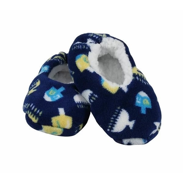 Blue slippers with yellow and white dreidels and menoarhs on them
