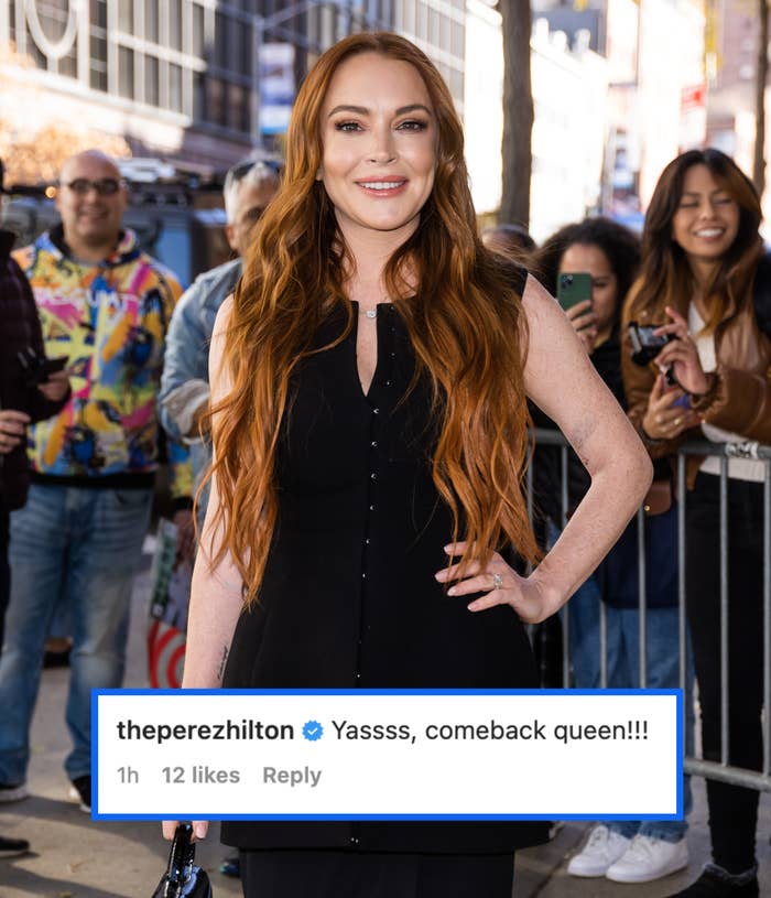Perez Hilton saying &quot;Yasss, comeback queen!!!&quot; on instagram on press photo of Lindsay