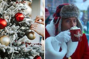 On the left, someone placing ornaments on a Christmas tree, and on the right, Bill Hader sipping some hot chocolate as Nick in Noelle