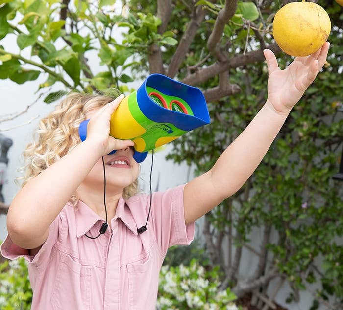 a kid using the binoculars to look at a fruit on a tree