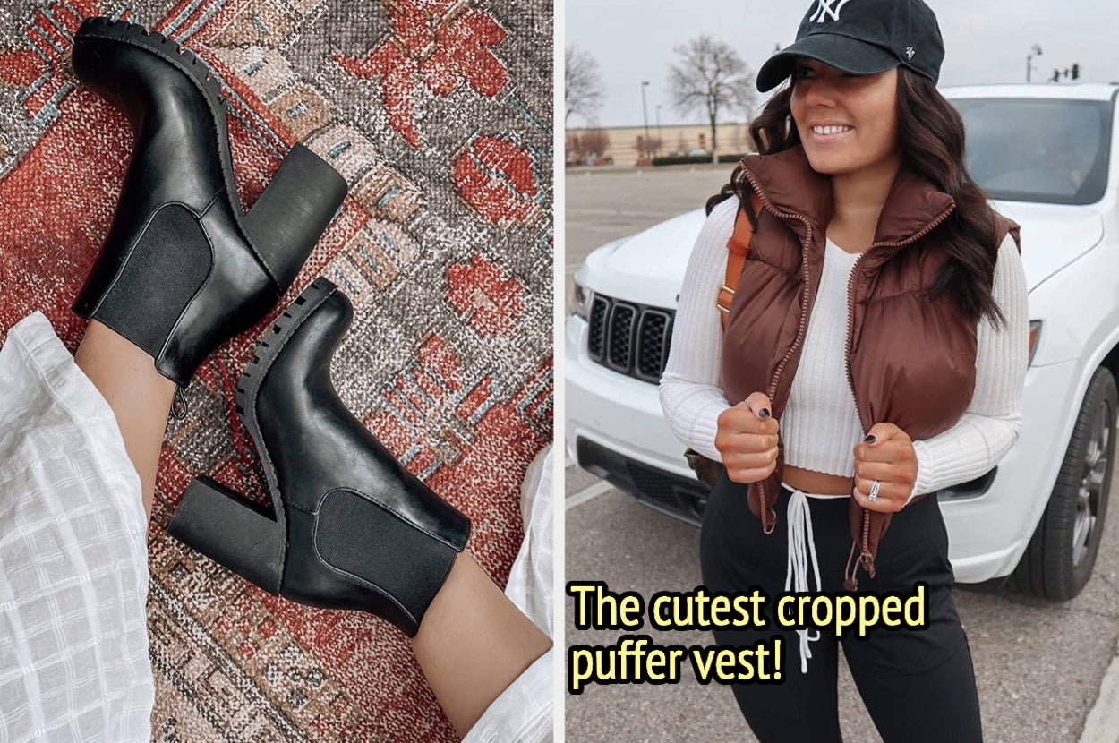 reviewer wearing black, chunky heeled ankle boots / reviewer wearing a brown cropped puffer vest with text: the cutest cropped puffer vest!
