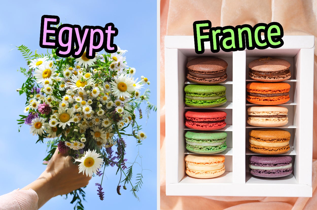 On the left, someone holding a wildflower bouquet labeled Egypt, and on the right, a box of macarons labeled France