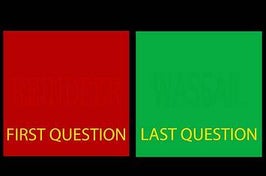 two words in red and green boxes with the captions "first question" and "last question"