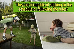 The left image shows a homemade rocket strapped onto a kid and the right image shows a kid watching TV