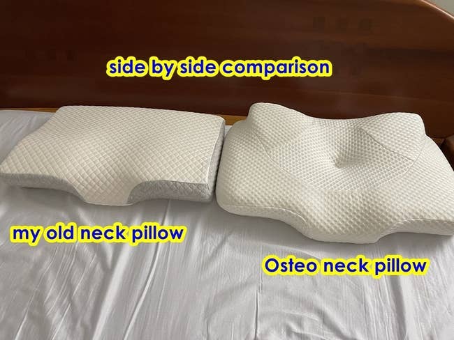 A reviewer's neck pillow side by side with their old pillow to show the difference in shape, with this pillow being much more contoured