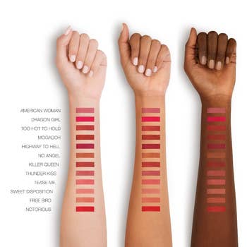 Swatches of all the shades on three arms with different skin tones