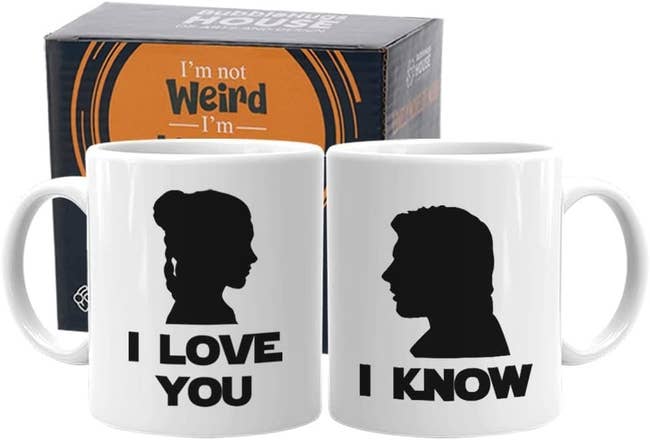 the mugs with han and leia silhouettes, one saying I love you the other saying I know