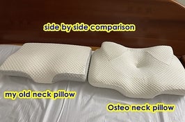 A reviewer's neck pillow side by side with their old pillow to show the difference in shape, with this pillow being much more contoured