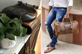 a vinyl record player and vegan leather duffle bag