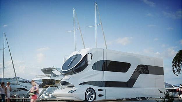 Take a gander at a luxurious motor coach with an abstract shape.