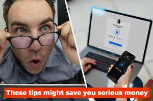 A split thumbnail, with one image showing a man looking amazed and one showing a person setting up two factor authentication using a phone and a laptop