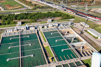 In an aerial view, the East Water Purification Plant is seen on November 28, 2022 in Galena Park, outside Houston, Texas