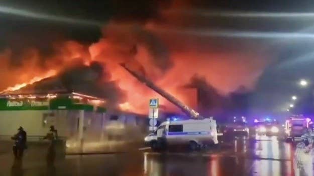 The fire reportedly broke out early Saturday at Polygon—a venue located in city of Kostroma. Officials say they believe the blaze was started by a flare gun.