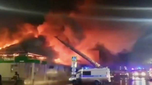 The fire reportedly broke out early Saturday at Polygon—a venue located in city of Kostroma. Officials say they believe the blaze was started by a flare gun.