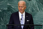 President Joe Biden is pictured giving a speech