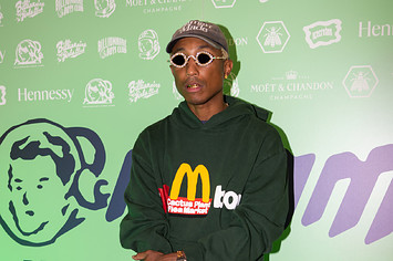 Pharrell is seen at a BBC event