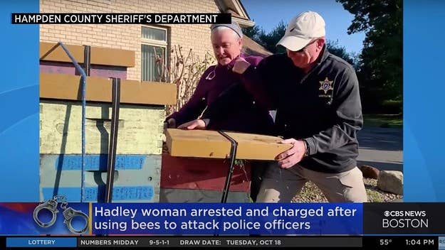 Authorities say Rorie Susan Woods used the bees while officers were attempting to enforce an eviction notice. She was charged with assault and battery.