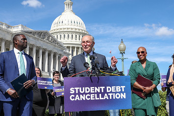 Senate Majority Leader Chuck Schumer (D-NY) speaks during a press conference held to celebrate President Biden Cancelling Student Debt