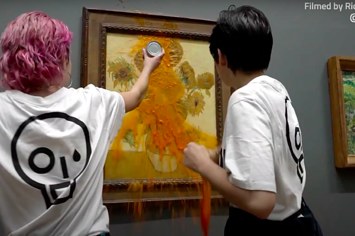 Two supporters of Just Stop Oil throw soup over Vincent Van Gogh’s Sunflowers
