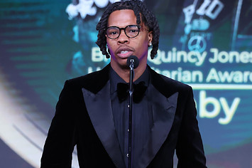 Lil Baby speaks onstage at  Music in Action Awards Gala, hosted by the Black Music Action Coalition