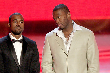Kanye West and 50 Cent stand side by side during 2007 MTV Video Music Awards.