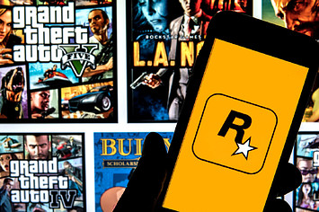 In this photo illustration a Rockstar Games logo seen displayed on a smartphone with video games cover in the background