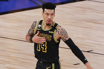 Danny Green reacts during the fourth quarter against the Heat in Game 5 of the 2020 NBA Finals.