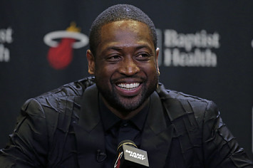 Dwyane Wade speaks to the media after his ceremony for his jersey retirement.