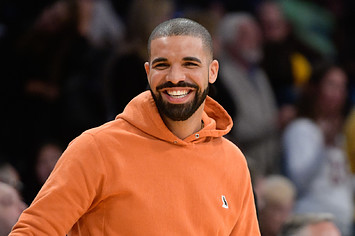 Drake attends basketball game between the Golden State Warriors and Los Angeles Lakers.