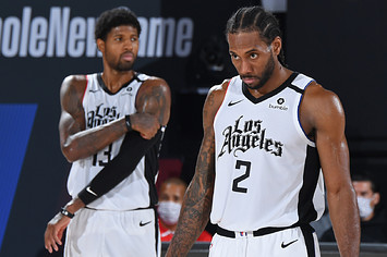 Kawhi Leonard and Paul George seen on court during Game 6 of the Western Conference Semifinals.