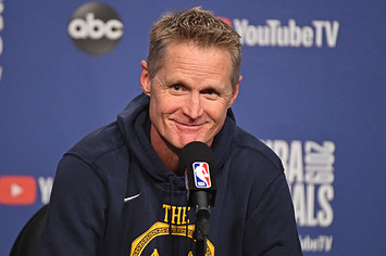 Steve Kerr talks to media during press conference before Game 1 of the 2019 NBA Finals.