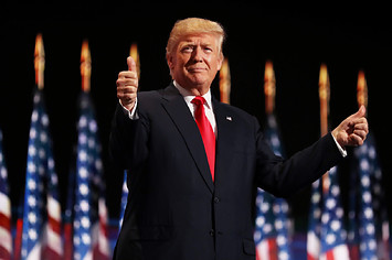 Donald Trump gives two thumbs up to the crowd on the fourth day of the RNC.