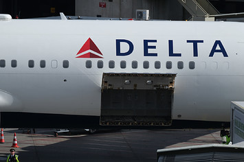 An aircraft operated by Delta Airlines is parked at Amsterdam Airport Schiphol.