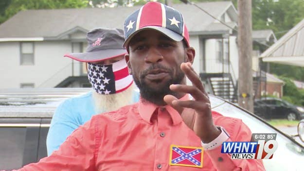 In a clip that immediately drummed up Clayton Bigsby jokes, a man expresses support for Confederacy-era monuments while wearing a heap of Confederate merch.