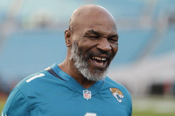 Mike Tyson looks on before the start of the Tennessee Titans at Jacksonville Jaguars