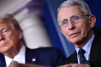 Dr. Anthony Fauci speaks as Trump listens during daily press Coronavirus briefing.