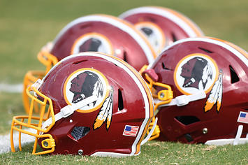 Redskins helmets lined up at training camp.