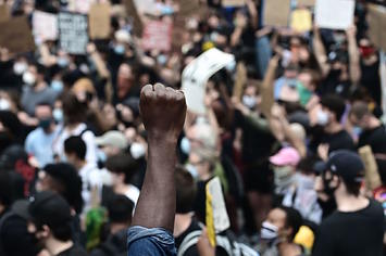 Protesters demonstrate on June 2, 2020, during a "Black Lives Matter"