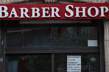 A view of a closed barbershop in Manhattan