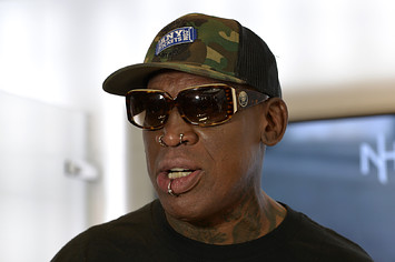 Former NBA great Dennis Rodman attends the launch of "Habits And Hustle" podcast.