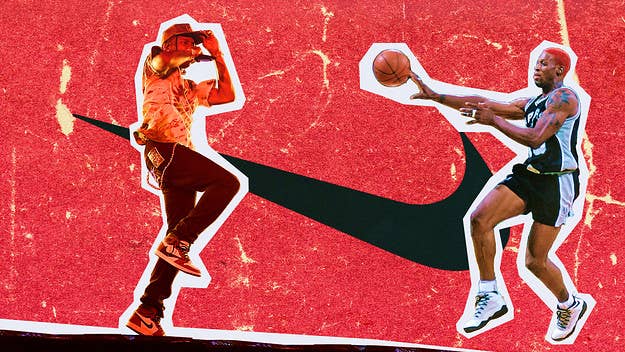 From Dennis Rodman wearing the Nike Air Darwin in 1994 to Travis Scott creating his own Air Jordans in 2019, here's a history of the backwards Swoosh.