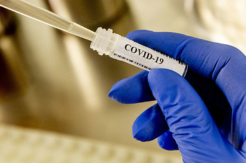 Lab technician holding blood sample test tube containing patient's positive COVID 19 test.