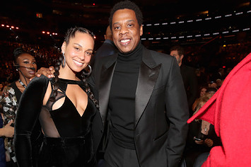 Recording artists Alicia Keys (L) and Jay Z attend the 60th Annual GRAMMY Awards