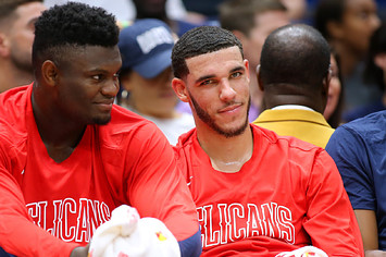 Zion Williamson and Lonzo Ball talk during the second half of a game against the Utah Jazz.
