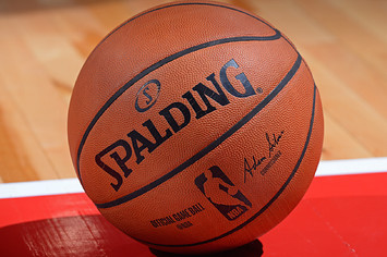 A close up shot of the official Adam Silver NBA Spaulding ball