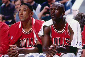 Scottie Pippen and Michael Jordan look on during a game played on May 23, 1998.