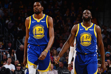 Kevin Durant #35 and Draymond Green #23 of the Golden State Warriors