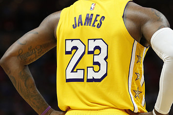 A detail of LeBron James #23 of the Los Angeles Lakers jersey