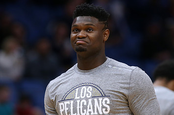 Zion Williamson #1 of the New Orleans Pelicans reacts against the Miami Heat during a game.